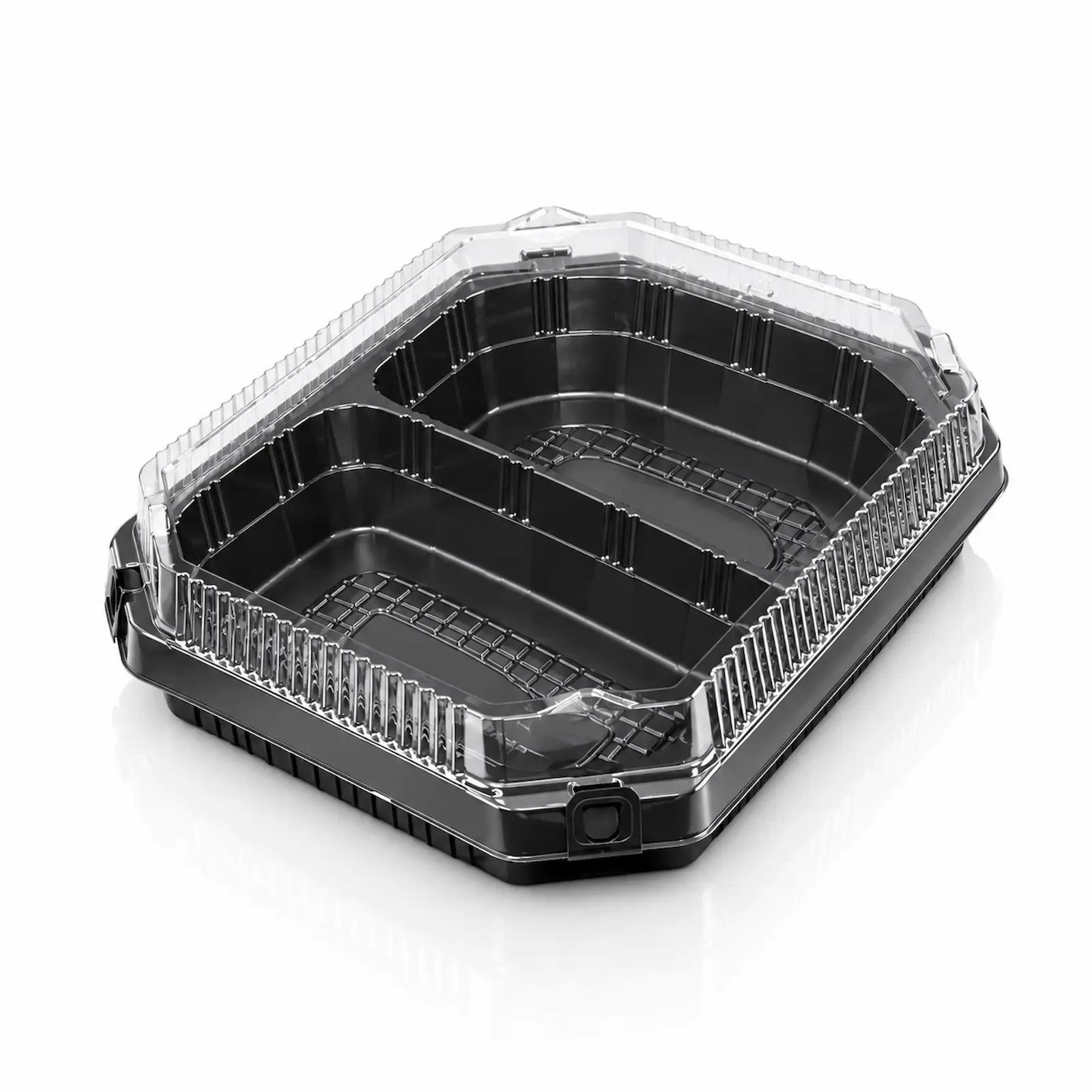 YRL-01-2 black-2-compartment-container-clear-lid-side-lock.webp bg white กล่องอาหาร 2 ช่อง ฝาใส YRL-01-2 สีดำ ฝา PET ใส มีตัวล็อกด้านข้าง