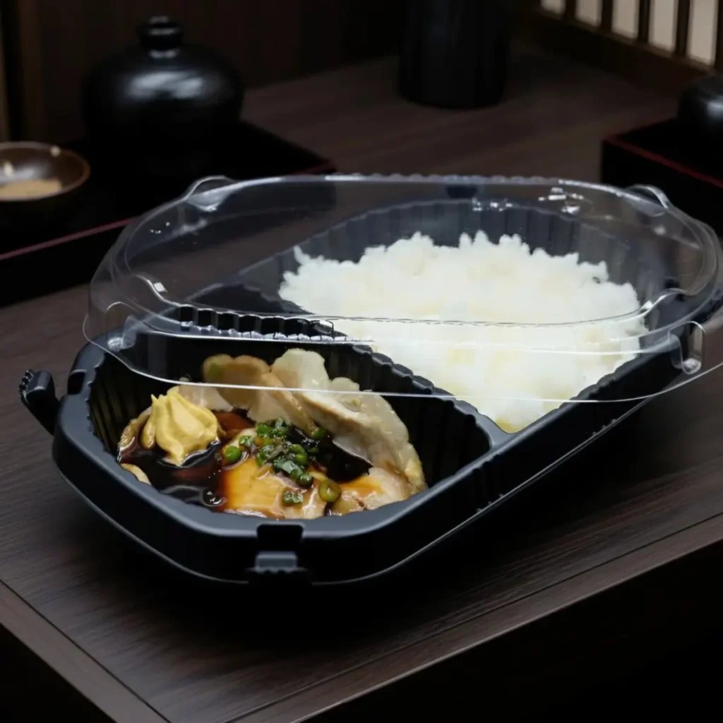 YRL-02-2 กล่องพลาสติกสีดำ 2 ช่อง ใส่ข้าวไก่ ฝาใสทรงโดม