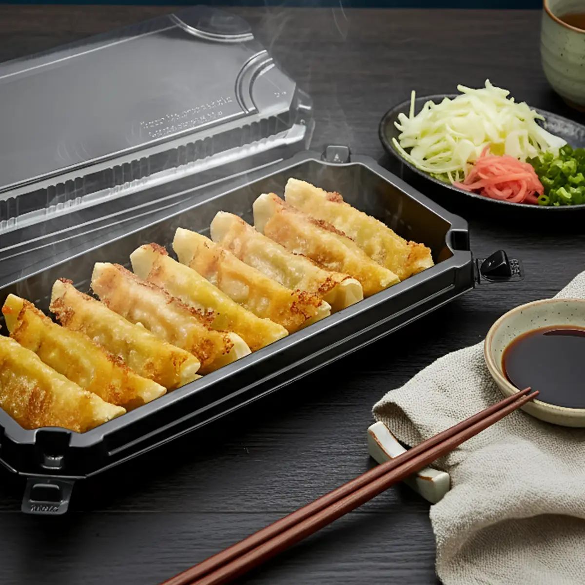YRL-04 black-long-rectangular-container-lifestyle-gyoza-clear-lid ถาดใส่ซูชิ ฝาล็อก YRL-04 สีดำ ใส่เกี๊ยวซ่าเรียงแถว ฝาใสเปิดอยู่