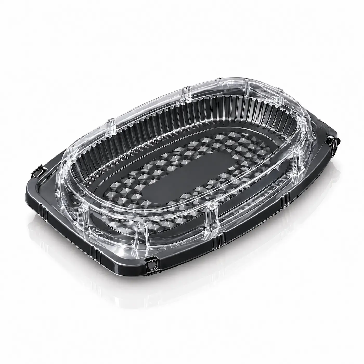 YRL-13 black-oval-tray-clear-dome-lid-diamond-pattern-side-lock ถาดใส่ปลา ฝาล็อก YRL-13 สีดำ ถาดทรงรี ฝา PET ใสทรงโดม