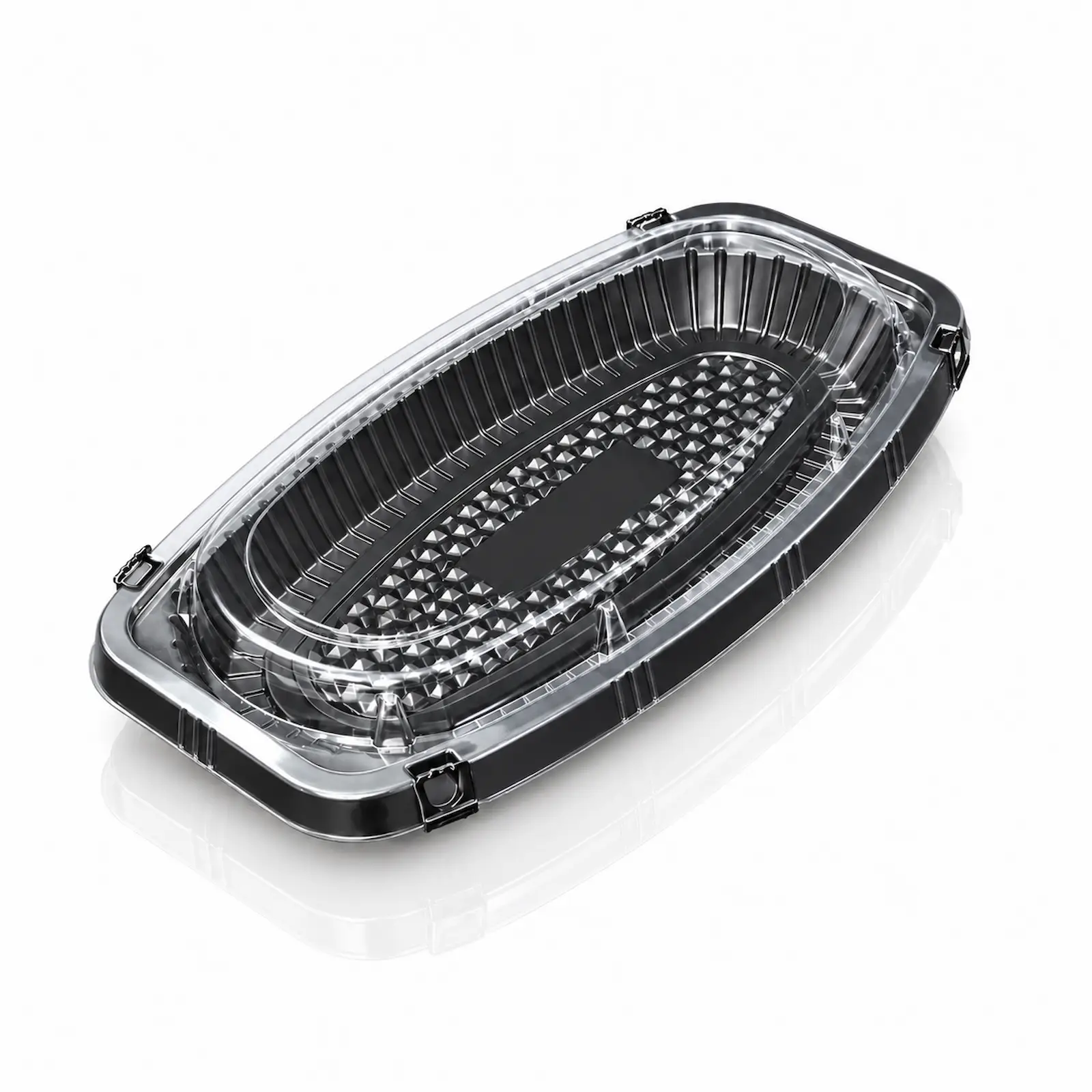 YRL-14 black-long-oval-tray-clear-dome-lid-diamond-pattern-side-lock.webp ถาดใส่ปลา ทรงยาว ฝาล็อก YRL-14 สีดำ ถาดทรงรียาว ฝา PET ใสทรงโดม