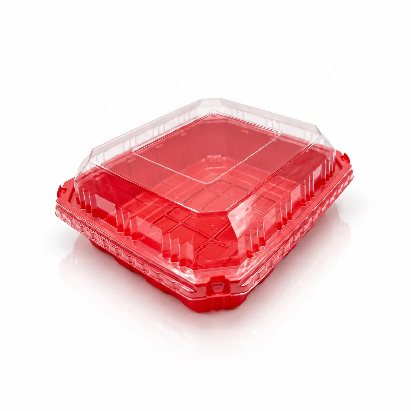 YRL-15 red-square-container-clear-dome-lid-side-lock กล่องไหว้เจ้า ฝาโดมใส YRL-15 กล่องพลาสติกสี่เหลี่ยมสีแดง ฝาล็อกด้านข้าง RE-LOCK