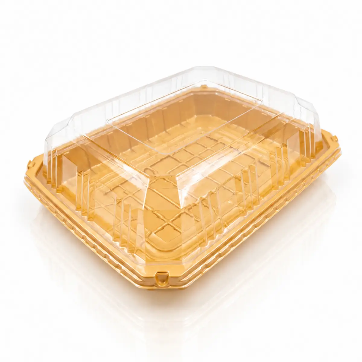 YRL-17 gold-rectangular-container-clear-dome-lid-side-lock กล่องไหว้เจ้า ใหญ่พิเศษ YRL-17 กล่องพลาสติกสี่เหลี่ยมผืนผ้าสีทอง ฝาโดมใส ฝาล็อกด้านข้าง RE-LOCK