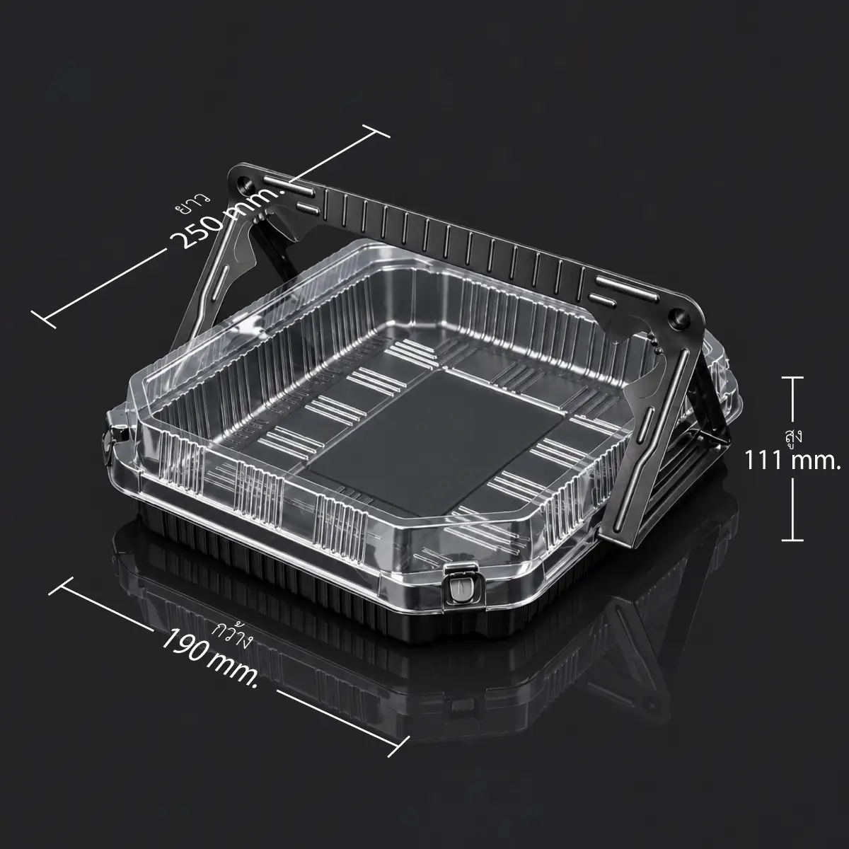 กล่องกระเช้า ISO size กล่องอาหารมีหูหิ้ว ฝาใสทรงสูง YRL-08-1 ภาพแสดงขนาด ยกหูหิ้วขึ้น