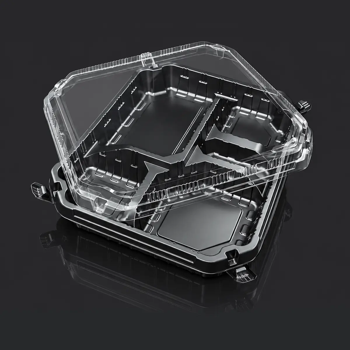 ถาดอาหารดำฝาใสสะท้อนเงา กล่องเบนโตะ หลายช่อง ฝาล็อก YRL-11 สีดำ